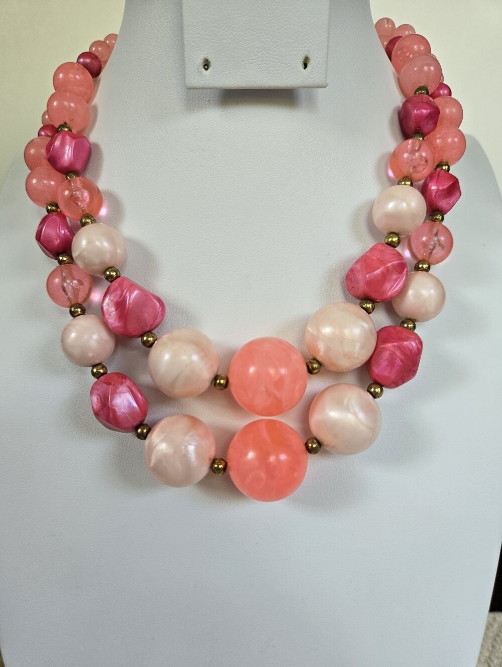 N-118-Vintage Coro Two-Strand Pink Blush Coral Magenta Bead Necklace